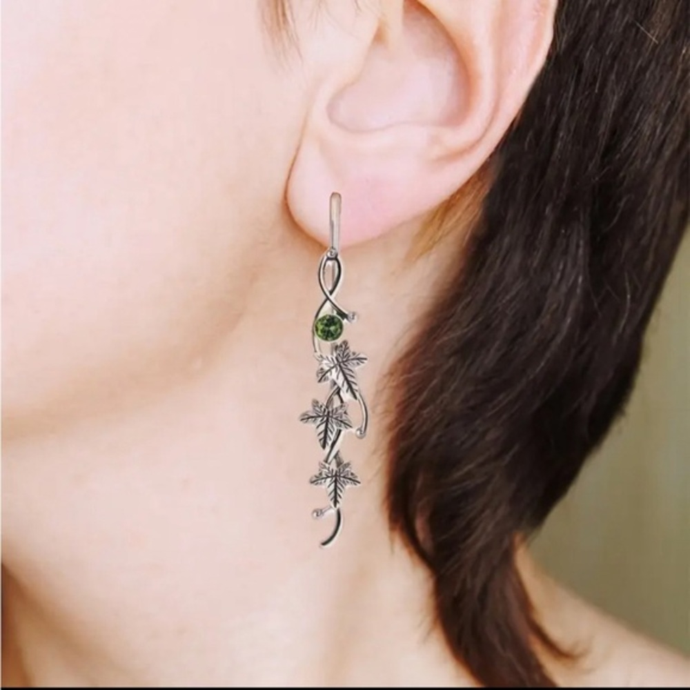 Elegant Silver Leaf Drop Earrings with Green Gemstone